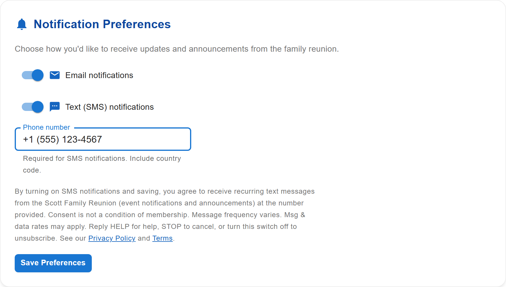 Profile notification preferences with the SMS notifications switch, phone number field, and consent disclosure